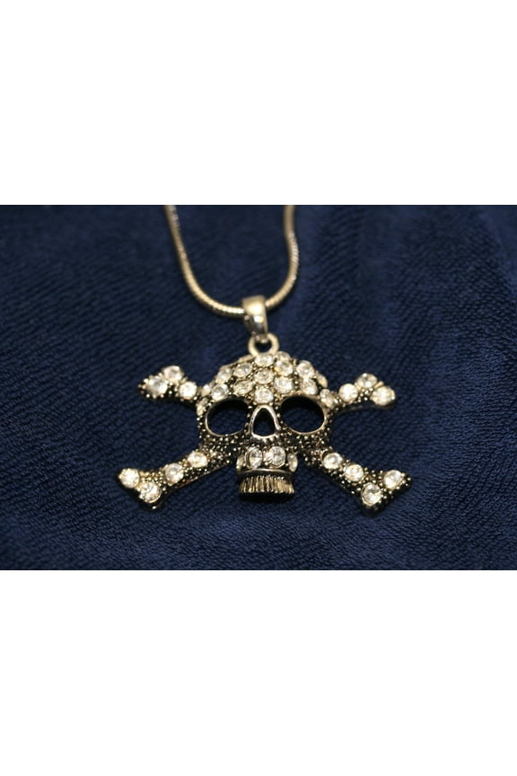 Antique Silver Tone Clear Rhinestone Skull Head & Crossbones Charm Necklace Pendant Halloween Jewelry