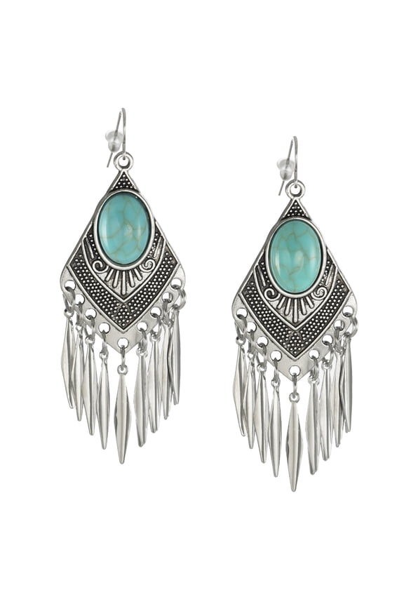 Antique Silver Triangle Western Boho Dangle Earrings, Hypoallergenic Ear Wires