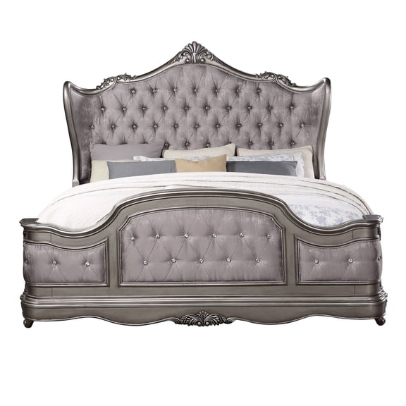Antique Silver Velvet Upholstered King Bed Frame with Tufted Headboard, Classic Scroll Design