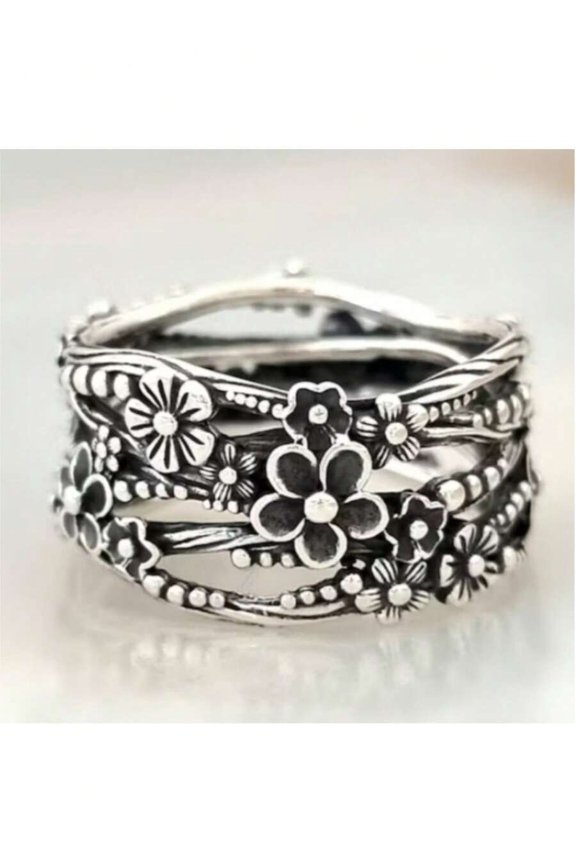 Antique Silver Vintage Bohemian Carved Floral Branch Twisted Pattern Ring For Women