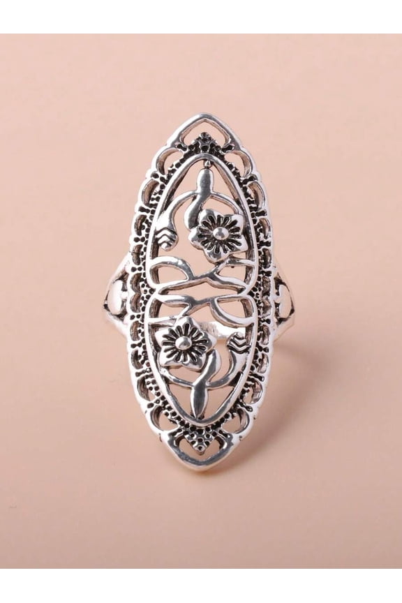 Antique Silver Vintage Hollow Carved Floral Long Statement Ring For Women