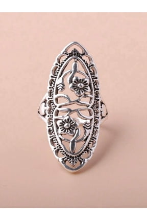 Antique Silver Vintage Hollow Carved Floral Long Statement Ring For Women