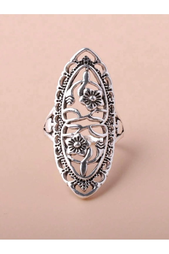 Antique Silver Vintage Hollow Carved Floral Long Statement Ring For Women
