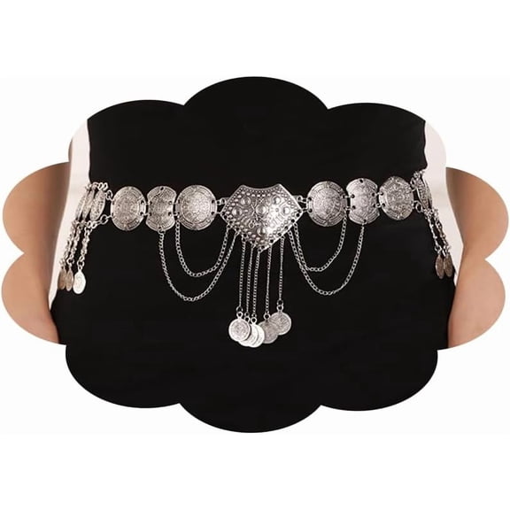 Antique Silver Women Chain Dress Belt Vintage Waist Chain Belt Long Tassel Chain Coin Pendent Belly Belt Body Chains Jewelry Accessories for Women (Silver)