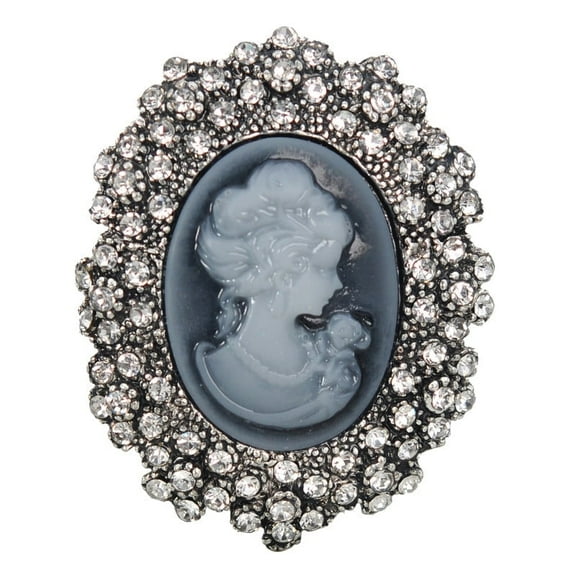 Antique Silvery Tone Crystal Rhinestones Grey Victorian Lady Women Cameo Brooch Pin