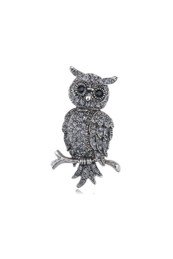 Antique Silvery Tone Grey Rhinestones Owl Bird Hoot Branch Brooch Pin