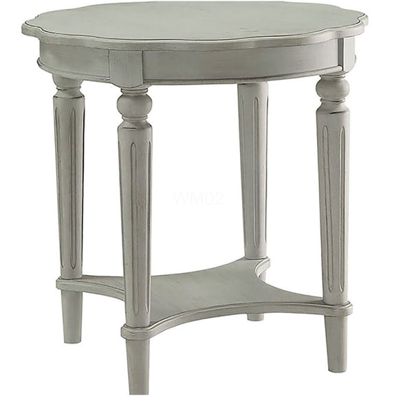 Antique Slate Grey End Table with Bottom Shelf, French Farmhouse Style Round Accent Table for Living Room