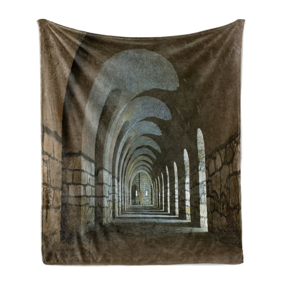 Antique Soft Flannel Fleece Blanket, Corridor in an Old Fortress Touristic Historical Landmark Medieval Hallway Picture, Cozy Plush for Indoor and Outdoor Use, 70" x 90", Sand Brown, by Ambesonne