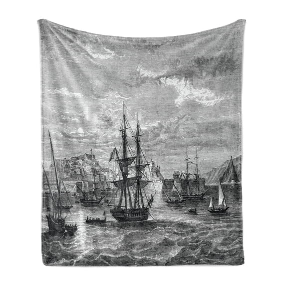 Antique Soft Flannel Fleece Blanket, Departing from Elba Vintage Engraved Illustration History of France Sails Vessels, Cozy Plush for Indoor and Outdoor Use, 50" x 60", Black Grey, by Ambesonne