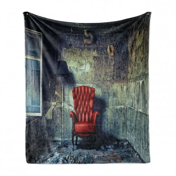 Antique Soft Flannel Fleece Blanket, Old Armchair in Grunge Retro Interior Damaged Messy Abandoned House Old, Cozy Plush for Indoor and Outdoor Use, 60" x 80", Pale Green Red Black, by Ambesonne