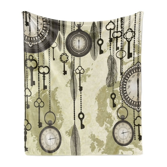 Antique Soft Flannel Fleece Blanket, Old Days Design 20s Cultural Items and Tribal Feathers Changing Trends Theme, Cozy Plush for Indoor and Outdoor Use, 70" x 90", Green Grey Cream, by Ambesonne