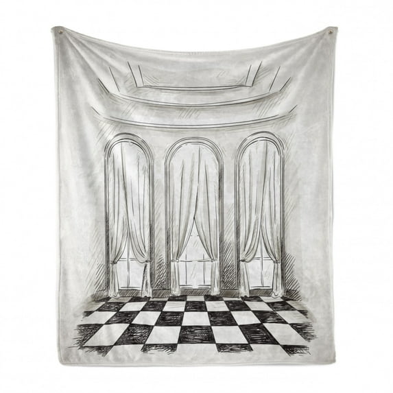 Antique Soft Flannel Fleece Blanket, Sketch Classic Parlor Ballroom Hall Baroque Castle Theatre Curtains Illustration, Cozy Plush for Indoor and Outdoor Use, 60" x 80", White Black, by Ambesonne