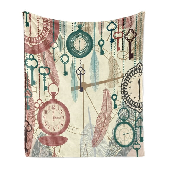 Antique Soft Flannel Fleece Blanket, Traditional Pocket Watches with Feather and Old Key Portable Time Flies Art Theme, Cozy Plush for Indoor and Outdoor Use, 60" x 80", Multicolor, by Ambesonne