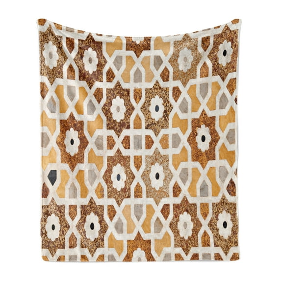 Antique Soft Flannel Fleece Throw Blanket, Detail of Inlay and Geometric Carvings Taj Mahal Tomb Architecture, Cozy Plush for Indoor and Outdoor Use, 60" x 80", Cream Orange Brown, by Ambesonne