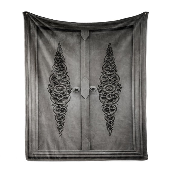 Antique Soft Flannel Fleece Throw Blanket, Antique Door with Vertical Ornamental Floral Pattern Travel Treasure Monochromic, Cozy Plush for Indoor and Outdoor Use, 50" x 60", Grey Black, by Ambesonne