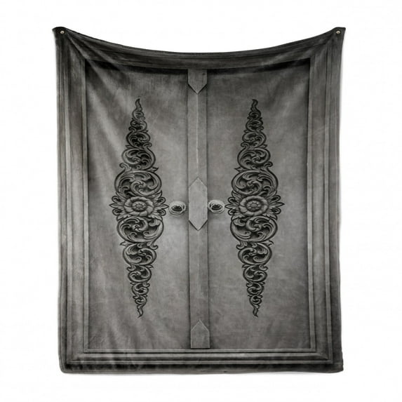 Antique Soft Flannel Fleece Throw Blanket, Antique Door with Vertical Ornamental Floral Pattern Travel Treasure Monochromic, Cozy Plush for Indoor and Outdoor Use, 70" x 90", Grey Black, by Ambesonne