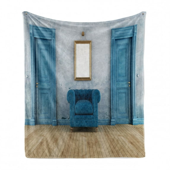 Antique Soft Flannel Fleece Throw Blanket, Empty Space 2 Doors Armchair and Simple Mirror Golden Yellow Frame, Cozy Plush for Indoor and Outdoor Use, 50" x 60", Blue Sand Brown, by Ambesonne
