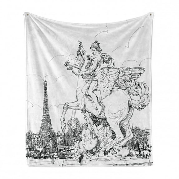 Antique Soft Flannel Fleece Throw Blanket, European Cityscape France Historical Rearing Horse Eiffel Tower Print, Cozy Plush for Indoor and Outdoor Use, 70" x 90", Black White, by Ambesonne