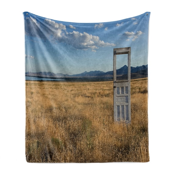 Antique Soft Flannel Fleece Throw Blanket, Old Door Standing Alone in Field with Mountains Summer Sky Surreal, Cozy Plush for Indoor and Outdoor Use, 50" x 70", Earth Yellow Coconut, by Ambesonne