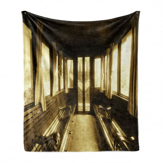 Antique Soft Flannel Fleece Throw Blanket, Old Vintage Train Salon Inside Historical Transport Windows Curtains Arch Shape, Cozy Plush for Indoor and Outdoor Use, 60" x 80", Sepia, by Ambesonne