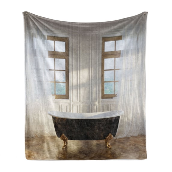 Antique Soft Flannel Fleece Throw Blanket, Retro Bathtub in Modern Room Interior Hardwood Classics Space Design, Cozy Plush for Indoor and Outdoor Use, 60" x 80", White Black Pale Brown, by Ambesonne