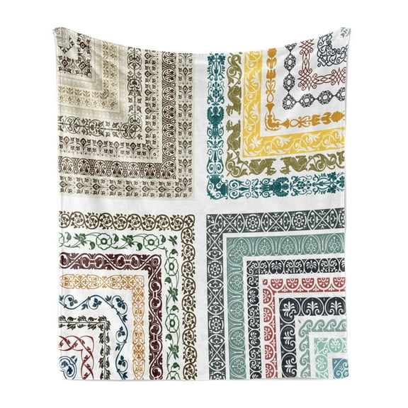 Antique Soft Flannel Fleece Throw Blanket, Royal Eastern Ornate Swirling Lines Mosaic Design, Cozy Plush for Indoor and Outdoor Use, 50" x 70", Multicolor, by Ambesonne