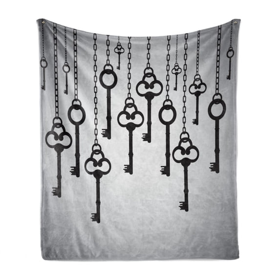 Antique Soft Flannel Fleece Throw Blanket, Silhouettes of Old Keys Hanging Chain Links Unlocking Security Home Opener, Cozy Plush for Indoor and Outdoor Use, 50" x 60", Pale Grey Black, by Ambesonne