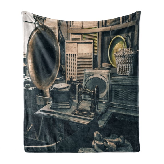 Antique Soft Flannel Fleece Throw Blanket, Antique Store Inventory Old Gramophone Sewing Machine Other Early 20 Century Stuff, Cozy Plush for Indoor and Outdoor Use, 60" x 80", Sepia, by Ambesonne