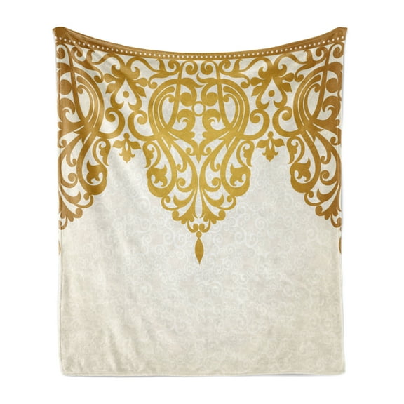 Antique Soft Flannel Fleece Throw Blanket, Victorian Style Medieval Motifs Classic Baroque Oriental Shapes Print, Cozy Plush for Indoor and Outdoor Use, 70" x 90", Pale Brown Cream, by Ambesonne