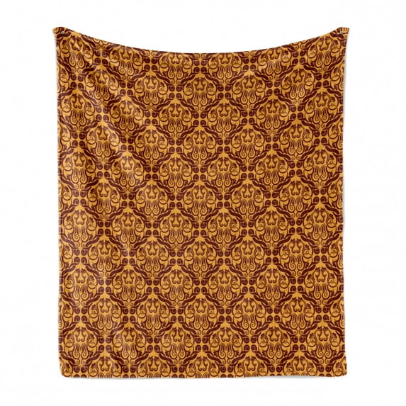 Antique Soft Flannel Fleece Throw Blanket, Victorian Vintage Revival Pattern with Damask Motifs Old Tile, Cozy Plush for Indoor and Outdoor Use, 70" x 90", Brown Pale Orange, by Ambesonne
