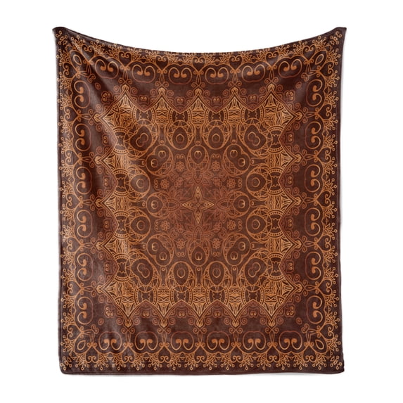 Antique Soft Flannel Fleece Throw Blanket, Vintage Lacy Persian Pattern from Ottoman Empire Palace Carpet Style Artwork, Cozy Plush for Indoor and Outdoor Use, 50" x 60", Orange Brown, by Ambesonne