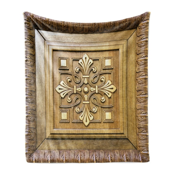 Antique Soft Flannel Fleece Throw Blanket, Wooden Art Frame View Retro Design Lover Classic Carving-like Royal Motif, Cozy Plush for Indoor and Outdoor Use, 50" x 60", Khaki and Brown, by Ambesonne