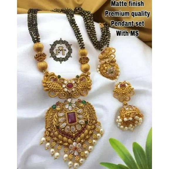 Antique South Indian Golden Touch Matte Finish Ruby Stone Black Beads Necklace Set with Earrings