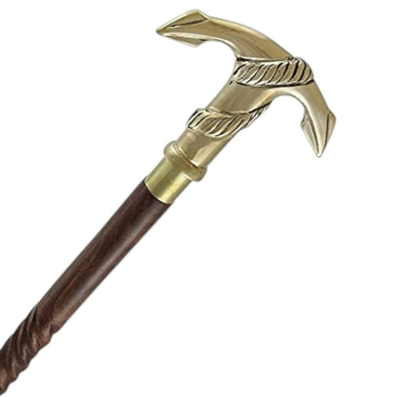 Antique Spiral Brown Wooden Walking Stick with Golden Brass Anchor Handle – Elegant Designer Wooden Cane for Men & Women, Perfect Gift