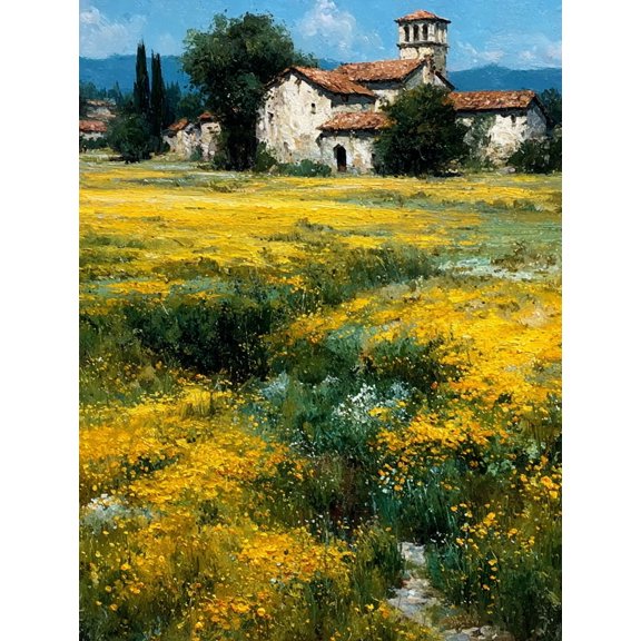 Antique Spring Country Field Canvas Art, Yellow Flower Meadow, French Farmhouse Wall Decor