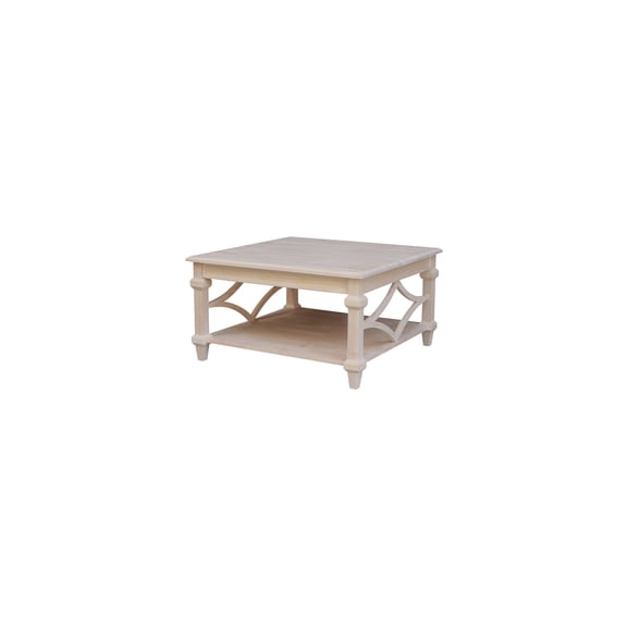 Antique Square Coffee Table, 36 x 36 x 20 Inches, Solid Parawood with Butcher Block Top, Lower Shelf and Sturdy Build, Timeless Living Room Piece