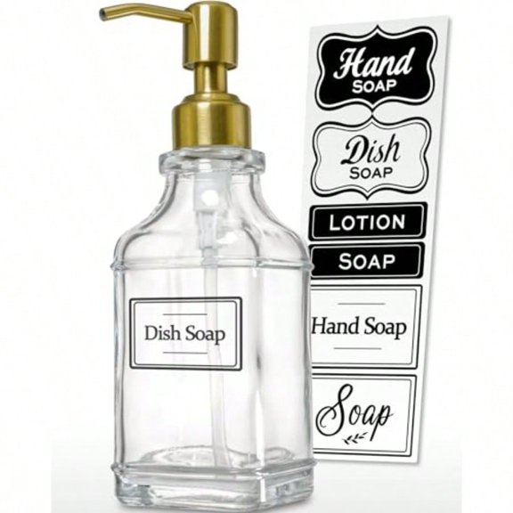 Antique Square Glass Soap Dispenser with Golden Rust Proof Pump Refillable soap Dispenser with 10Pcs Stickers for Kitchen Dish Soap Dispenser for Kitchen Bathroom Soap Hand soap Lotion.