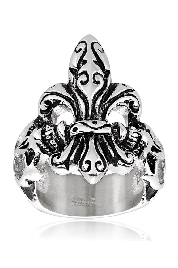 Men's Antiqued Fleur de Lis Skull Steel Ring