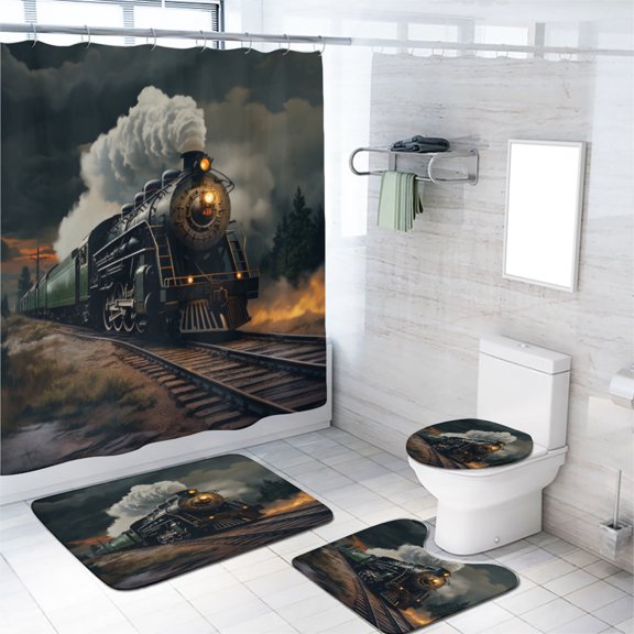 Antique Steam Engine 4 Pcs Shower Curtain Set Retro Classic Steam Train Theme with 12 Hooks, Bath Mat Set Bathroom Decor by Durable Waterproof Fabric, 72x72 Inch