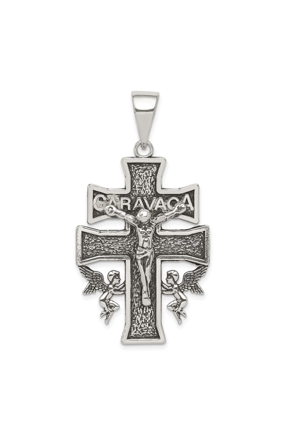 Antique Sterling Silver Caravaca Crucifix Cross Pendant Necklace for Men and Women with INRI Angel Detail Catholic Christian Religious Jewelry Spiritual Faith Symbol Accessory