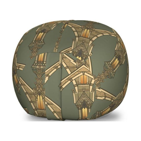Antique Storage Toy Bag Chair, Classic Architectural Structure Pattern Medieval Building Image in Gothic Style, Stuffed Animal Organizer Washable Bag, Small Size, Multicolor, by Ambesonne