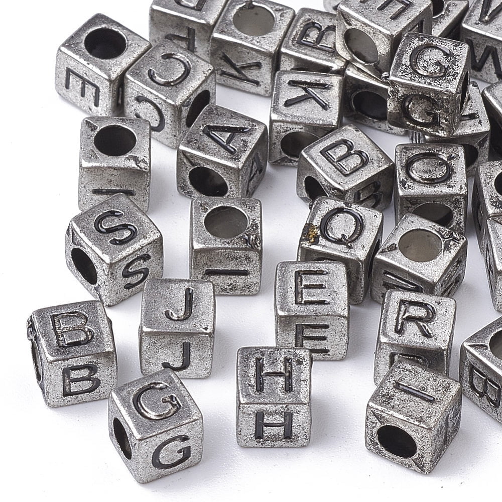 Antique Style Acrylic Beads Horizontal Hole Cube with Initial Letter Antique Silver Plated 6x6x6mm Hole: 3mm about 3000pcs/500g