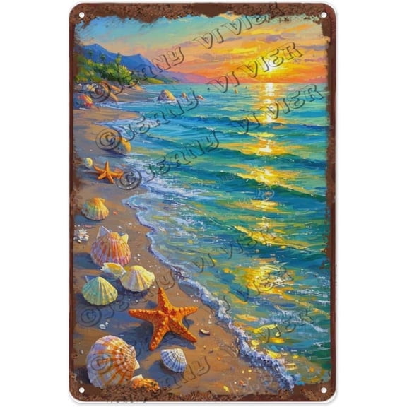 Antique Style Beach Shell Tin Sign 8x12 Inch Coastal Nautical Wall Decor for Beach Homes, Resorts, or Summer Villas | Thoughtful Gift for Housewarmings and Holidays