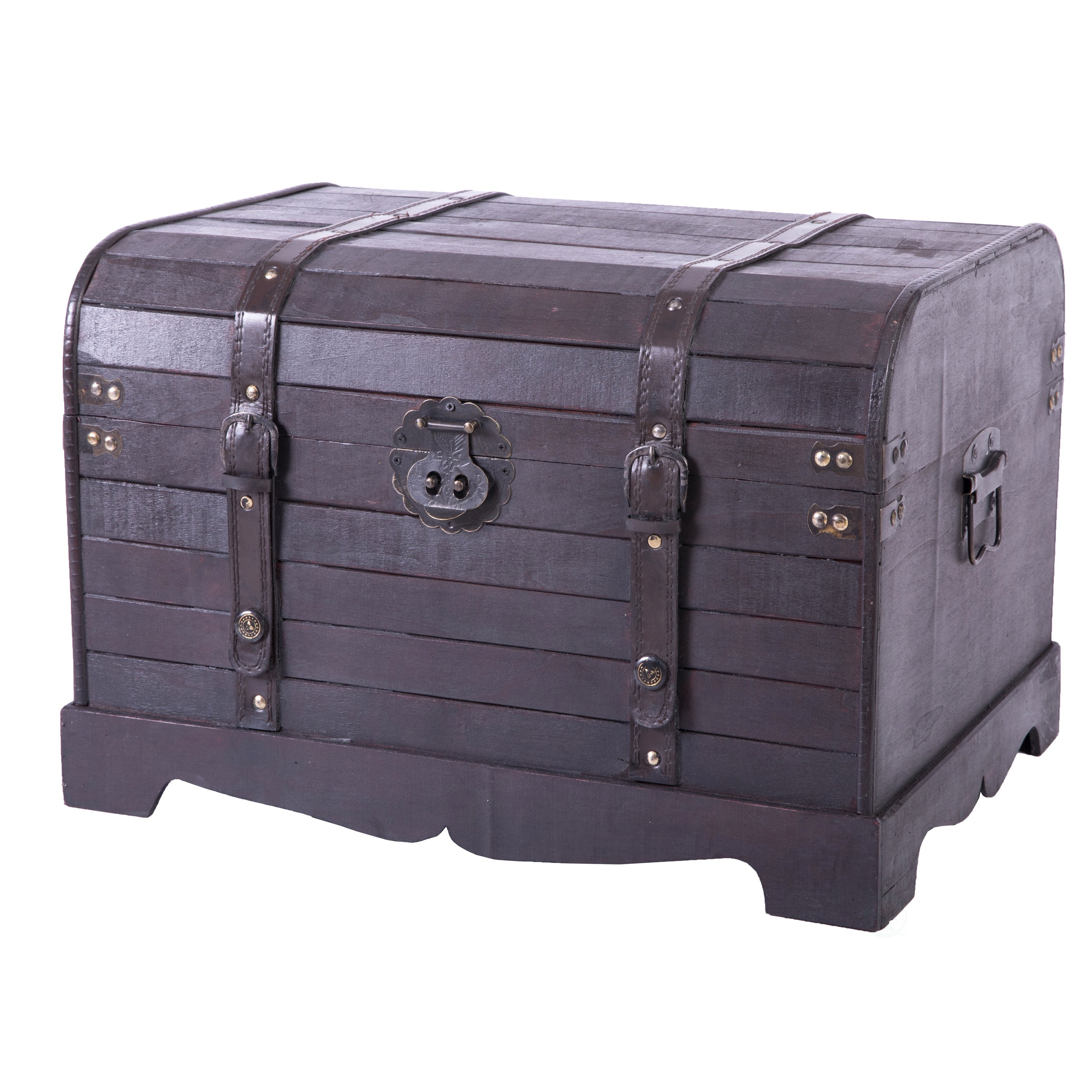 Antique Style Black Wooden Steamer Trunk Coffee Table with Leather Trimmings