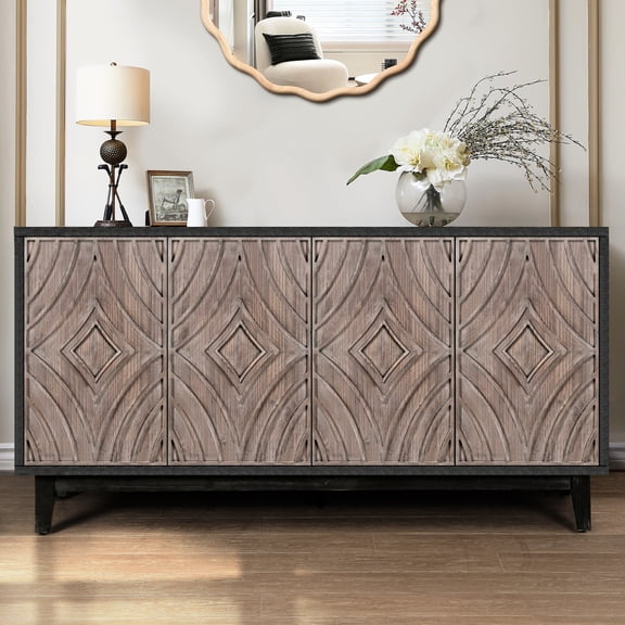 Antique Style Buffet Sideboard - 60" Living Room Cabinet With 4 Unique Pattern Doors 2 Shelves, And Stable Console Table Finish For Entrance Doors, Adjustable Build
