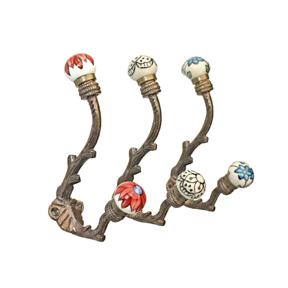 Antique Style Ceramic and Iron Wall Hooks Set of 3 for Entryway Bathroom Kitchen