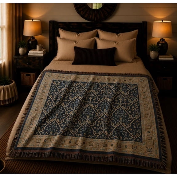 Antique Style Chinese East Asian Pattern Arabesque Woven Throw Blanket, 100% Cotton, Fringed Edges