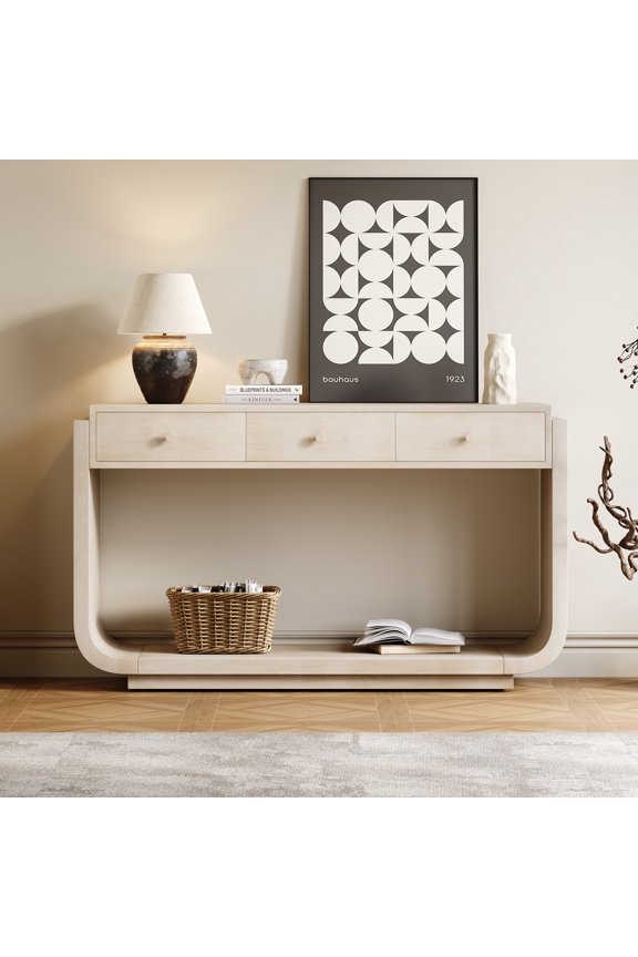 Antique-Style Console Table, 3 Storage Drawers, Display Shelf, Curved Legs, Paulownia Veneer, Entryway/Hallway/Living Room, Beige