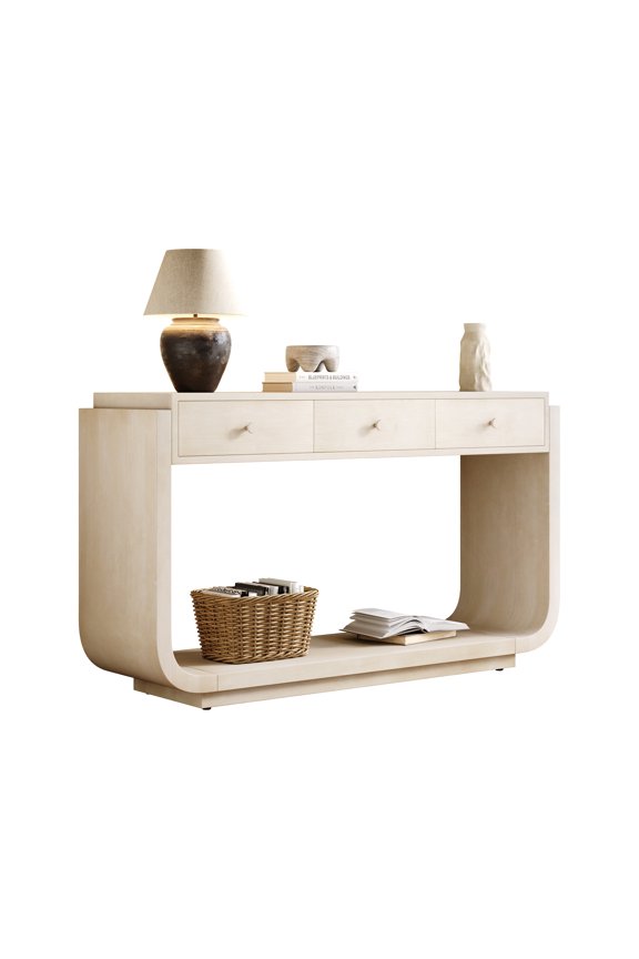 Antique-Style Console Table, 3 Storage Drawers, Display Shelf, Curved Legs, Paulownia Veneer, Entryway/Hallway/Living Room, Beige