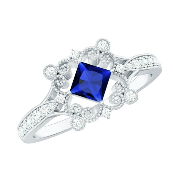 Rosec Jewels Vintage Style Lab Grown Blue Sapphire Engagement Ring - AAAA Grade - Blue Sapphire Diamond Ring - with Jewelry Box, 10K White Gold, US 6.50